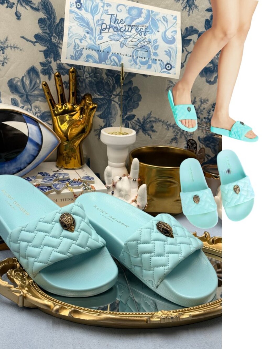 🆕 KURT GEIGER LONDON 🧿 NWOB Meena Eagle Quilted Slides, Blue